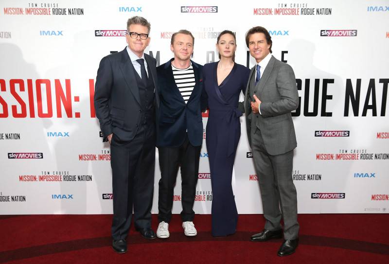 LONDON, ENGLAND - JULY 25: (EDITORS NOTE: This image has been digitally manipulated) Director Christopher McQuarrie, Simon Pegg, Rebecca Ferguson and Tom Cruise attend the UK Fan Screening of 'Mission: Impossible - Rogue Nation' at the IMAX Waterloo on July 25, 2015 in London, United Kingdom.  (Photo by Mike Marsland/Getty Images for Paramount Pictures) *** Local Caption *** Christopher McQuarrie; Simon Pegg; Rebecca Ferguson; Tom Cruise