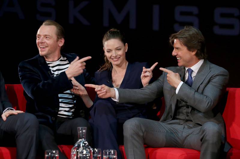 LONDON, ENGLAND - JULY 25:  (L-R) Simon Pegg, Rebecca Ferguson and Tom Cruise take part in a Q&A at the UK Fan Screening of 'Mission: Impossible - Rogue Nation' at the IMAX Waterloo on July 25, 2015 in London, United Kingdom.  (Photo by Mike Marsland/Getty Images for Paramount Pictures) *** Local Caption *** Simon Pegg; Rebecca Ferguson; Tom Cruise