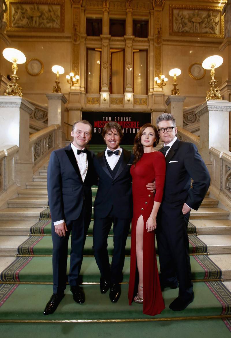 VIENNA, AUSTRIA - JULY 23:  (EDITORS NOTE: This image has been digitally manipulated) (L-R) Simon Pegg, Tom Cruise, Rebecca Ferguson and Director, Christopher McQuarrie pose during the world premiere of 'Mission: Impossible - Rogue Nation' at the Opera House (Wiener Staatsoper) on July 23, 2015 in Vienna, Austria.  (Photo by Andreas Rentz/Getty Images for Paramount Pictures International) *** Local Caption *** Simon Pegg, Tom Cruise, Rebecca Ferguson, Christopher McQuarrie
