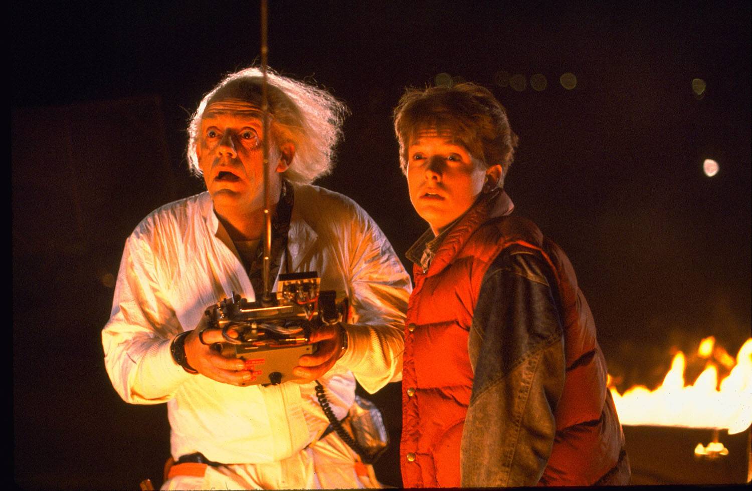 Back to the Future (1985) Directed by Robert Zemeckis Shown from left: Christopher Lloyd (as Dr. Emmett Brown), Michael J. Fox (as Marty McFly)