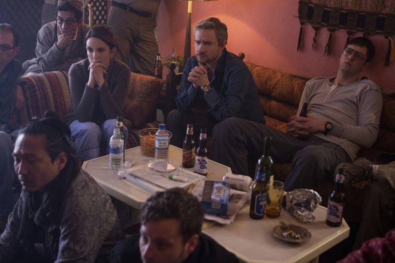 Left to right: Tina Fey plays Kim Baker, Martin Freeman plays Iain MacKelpie and Nicholas Braun plays Tall Brian in Whiskey Tango Foxtrot from Paramount Pictures and Broadway Video/Little Stranger Productions in theatres March 4, 2016.