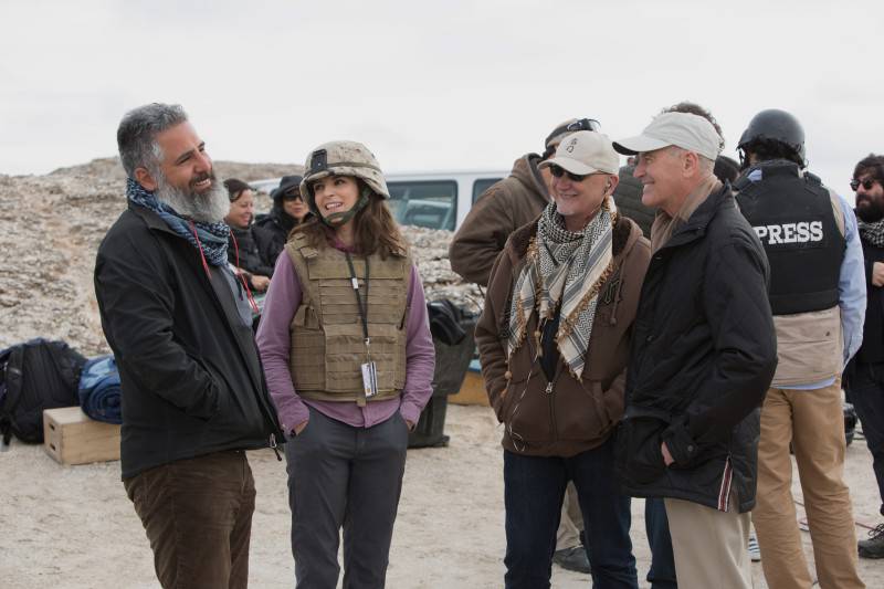 Left to right: Director Glenn Ficarra, Tina Fey, Producer Ian Bryce and Department of Defense Director of Entertainment Media Phil Strub on the set of Whiskey Tango Foxtrot from Paramount Pictures and Broadway Video/Little Stranger Productions in theatres March 4, 2016.