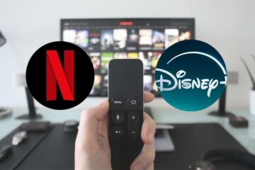 tv con telecomando e loghi netflix e disney+
